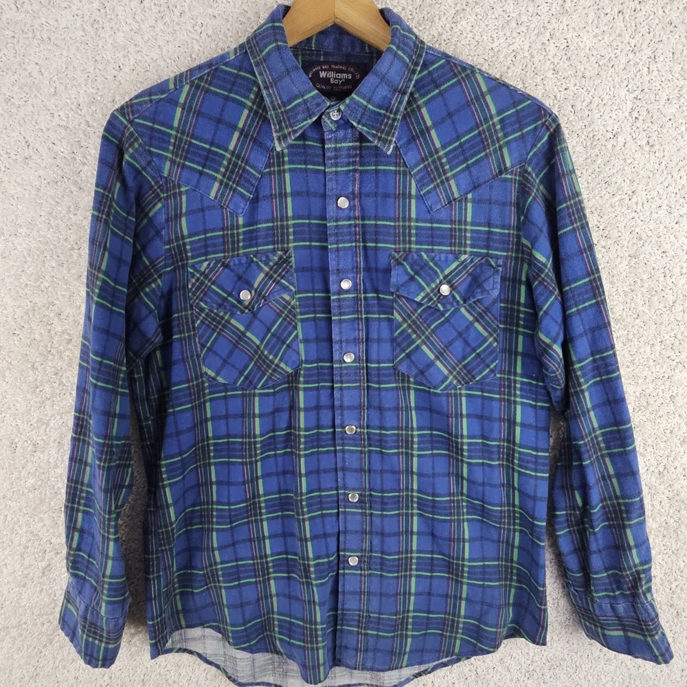 Vintage Williams Bay Pearl Snap Flannel Button Up Shirt Men's Medium Grunge Worn